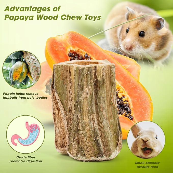 Abizoo Natural Bunny Chew Toys,6 Pcs Organic Papaya Wood Sticks Chew Toys for Rabbit,Hamster,Guinea Pig,Chinchilla,Gerbil,Rat Healthy Chews Teeth Grinding Treats, Squirrel Molar Snack