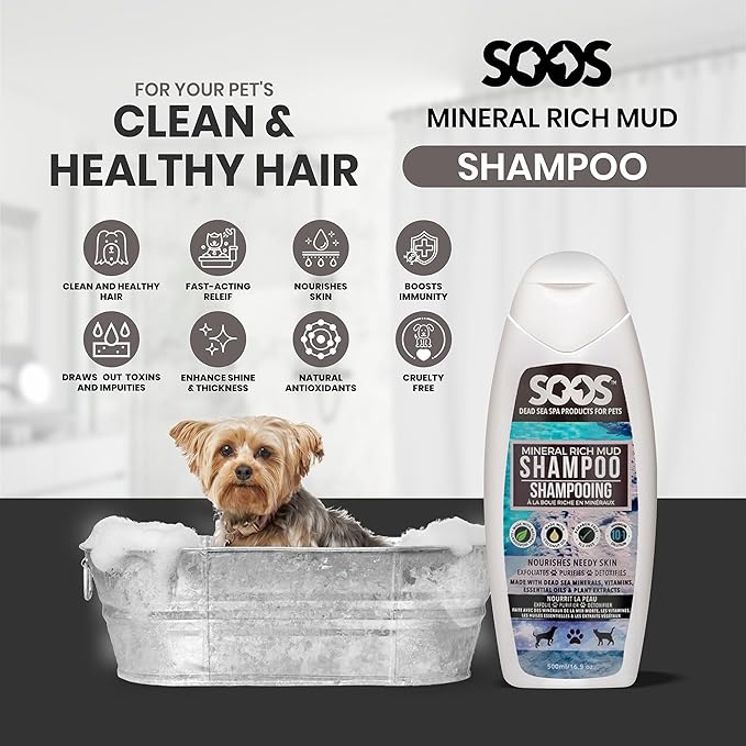 Soos Pet Dog Shampoo for Cats and Pets Mineral Rich Mud Natural Dead Sea Cruelty Free Fast Absorbing Skin Cooling First Aid Antib-acterial and Antif-ungal Odor Remover - 1x Pet Shampoo (500ml)