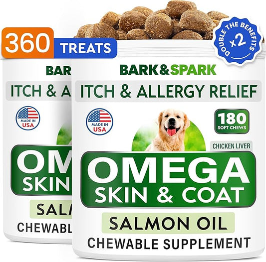 BARK&Spark (Pack of 2) Omega 3 for Dogs - 360 Fish Oil Chews for Dog Shedding, Skin Allergy, Itch Relief, Hot Spots Treatment - Joint Health - Skin & Coat Supplement - EPA&DHA Fatty Acids