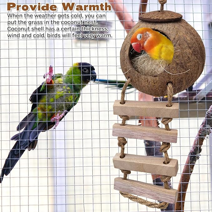 PINVNBY Coconut Bird Nest Hut with Ladder, Coconut Hide Lovebird House Hanging Toy for Budgies Parakeet Cockatiels Conure Canary Finch Pigeon (with Natural Coconut Fiber)