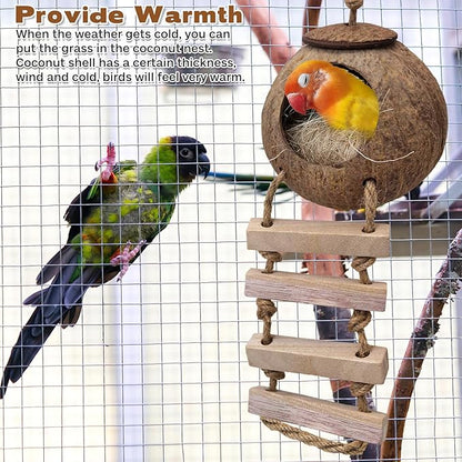 PINVNBY Coconut Bird Nest Hut with Ladder, Coconut Hide Lovebird House Hanging Toy for Budgies Parakeet Cockatiels Conure Canary Finch Pigeon (with Natural Coconut Fiber)
