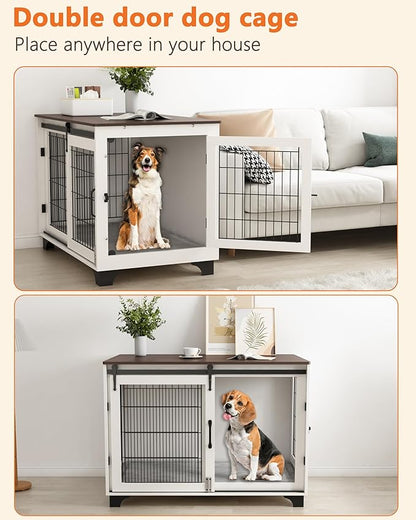 Piskyet Dog Crate Furniture Barn Door Dog Crate for Large Dogs Up to 60 lbs,Sliding Door Dog Crate Modern Decorative End Side Table Nightstand