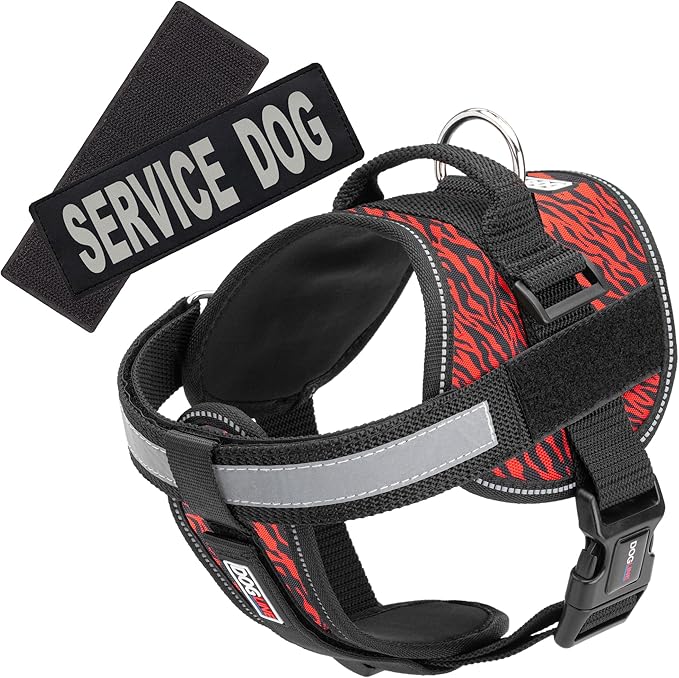 Dogline Unimax Dog Harness Vest with Service Dog Patches Reflective No-Pull, Adjustable Straps, Breathable Neoprene for Medical, Service, Identification and Training Dogs Girth 22 to 30" Zebra Red