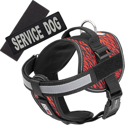 Dogline Unimax Dog Harness Vest with Service Dog Patches Reflective No-Pull, Adjustable Straps, Breathable Neoprene for Medical, Service, Identification and Training Dogs Girth 15 to 19" Zebra Red