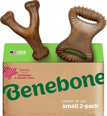 Benebone 2 Count (Pack of 1) Wishbone/Dental Durable Dog Chew Toys, Real Bacon, Made in USA, Small