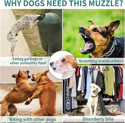 Dog Muzzle for Small Medium Large Dogs, Dog Muzzles for Biting Barking and Chewing Puppy Muzzle Nylon Soft Mesh Breathable Adjustable Loop Muzzle Anti-Dropping (Pink Flower, XL)
