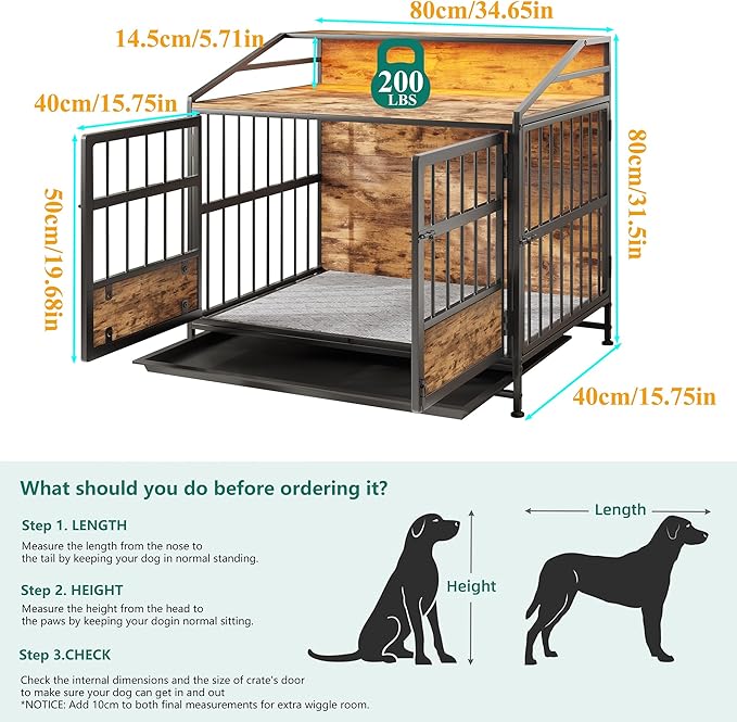 Dog Crate Furniture with Led Lights,Heavy Duty Wooden Dog Kennel with Double Doors,Dog House Indoor for Small Medium Dogs,End Table with Shelves,Black and Brown(34.65" L_24.02W_31.5" H)