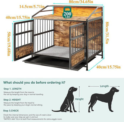 Dog Crate Furniture with Led Lights,Heavy Duty Wooden Dog Kennel with Double Doors,Dog House Indoor for Small Medium Dogs,End Table with Shelves,Black and Brown(34.65" L_24.02W_31.5" H)