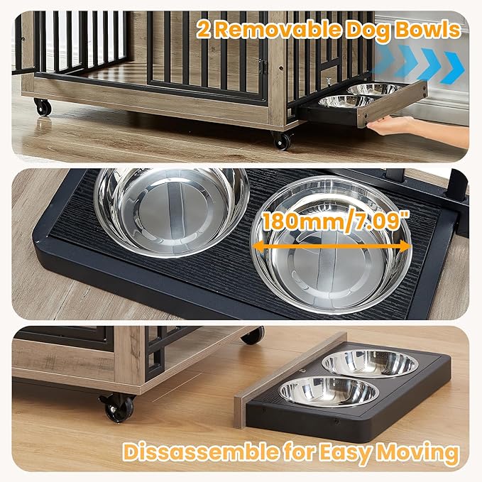 Rovibek 39" Dog Crate Furniture with Rotatable Bowls, Wooden Dog Crate End Table, Decorative Heavy Duty Dog Kennel Furniture Indoor with Double Doors 4 Wheels, Gray