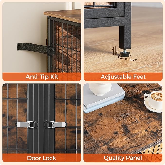 Dog Crate Furniture for 2 Dogs, 43.3" Dog Kennel with Removable Divider, Heavy Sturdy Dog Furniture Style Double Cage for Small Medium Dog, Indoor Pet House End Table, Rustic Brown DCHR1201