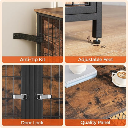 Dog Crate Furniture for 2 Dogs, 43.3" Dog Kennel with Removable Divider, Heavy Sturdy Dog Furniture Style Double Cage for Small Medium Dog, Indoor Pet House End Table, Rustic Brown DCHR1201