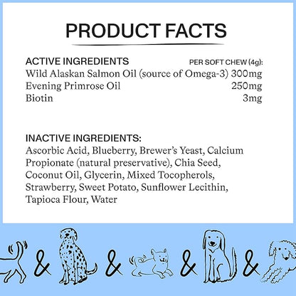 Spot & Tango Allergy + Immune Supplement for Dogs - Vet-Approved For Itchy Skin & Allergy Relief - Wild Alaskan Salmon Oil, Omega-3, Primrose Oil, Biotin - Real Strawberry & Blueberry Flavor, 56 Count