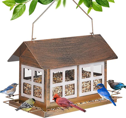 Bird Feeders, Heavy Duty Metal Bird Feeder for Outdoors Hanging, Weatherproof Large Capacity Wild Birdfeeder for Outside Garden Yard, Country House Shape (Double Window)