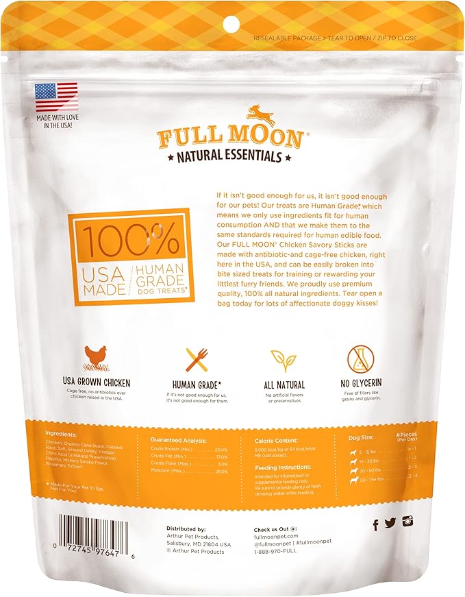 Full Moon All Natural Human Grade Dog Treats, Essential Chicken Savory Sticks, 24 Ounce