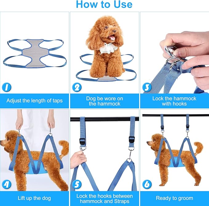 Dog Grooming Hammock, Pet Grooming Harness for Dogs&Cats, Multi Hammock Restraint Bag with Adjustable Grooming Loop/Stainless D-Hooks/Nail Clippers/Trimmer/Nail File for Pet Nail Trimming, Care (S)