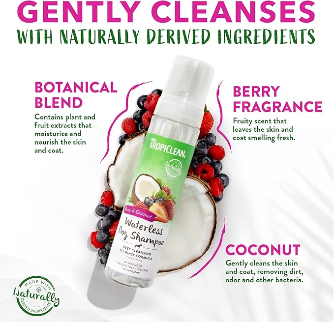 TropiClean No Rinse Waterless Dog Shampoo | Detangling and Deodorizing Dry Shampoo for Smelly Pets | Moisturizes Dry Skin | USA Made | Berry Scent | 7.4oz