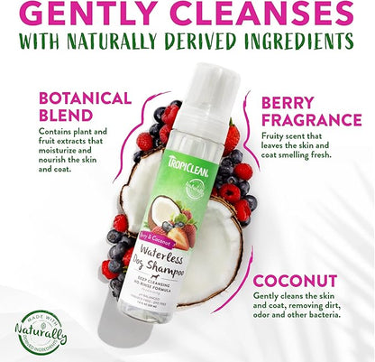 TropiClean No Rinse Waterless Dog Shampoo | Detangling and Deodorizing Dry Shampoo for Smelly Pets | Moisturizes Dry Skin | USA Made | Berry Scent | 7.4oz