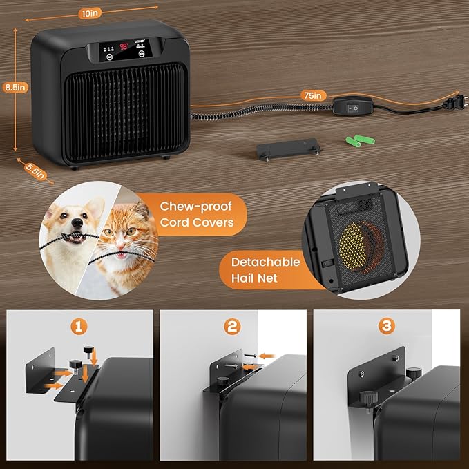 600W Dog House Heater, Pet House Heater w Timer Setting (2 4 8 H) Dog Heater for Outside Winter, Electric Heater for Livestock Kennel Cat Cage Chicken Coop Winter- Only 2 Mode 300-600W