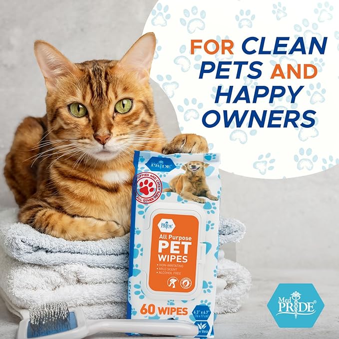 MED PRIDE Pet Wipes for Dogs & Cats [Pack of 60]- Hypoallergenic Cleaning Deodorizing Dog Wipes with Aloe Vera- Alcohol and Paraben-Free Pet Wipes- Extra Soft Cat Bathing Wipes for Fur