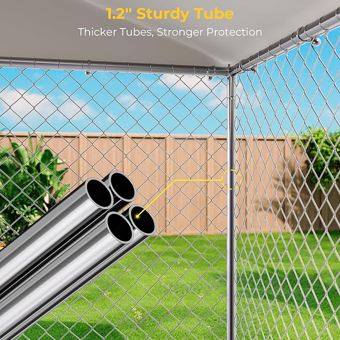 10 x 15FT Large Outdoor Dog Kennel with Bowls, Dog Kennel Outside with Waterproof Cover Roof, Galvanized Heavy Duty Chain Link Dog Runs Cage Playpen for Outside with Secure Lock
