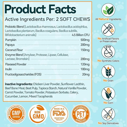 Probiotics for Dogs, 200 Soft Chews Digestive Probiotics & Enzymes for Gut Health with Pumpkin, Fibre for Dogs Anti Diarrhea, Upset Stomach, Gas Relief, Itchy Skin & Immune Support (Chicken)