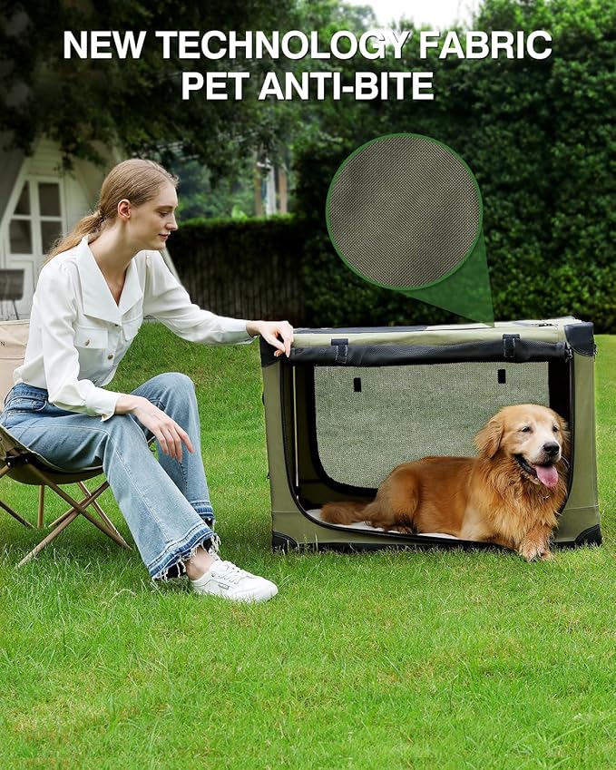 42-Inch Collapsible Travel Dog Crate, Portable 4-Door Soft Kennel for Medium to Large Dogs, Chew-Proof Mesh Windows, Indoor/Outdoor Use, Foldable, with Storage Bag (Green)