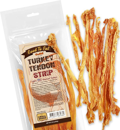 Gootoe Turkey Tendon Dog Treats, Strips 3oz, 100% USA-Sourced Turkey, Natural Snack, Premium Puppy Chews, Hypoallergenic, Rawhide Free, Reseal Value Bags, Size for Small Dogs