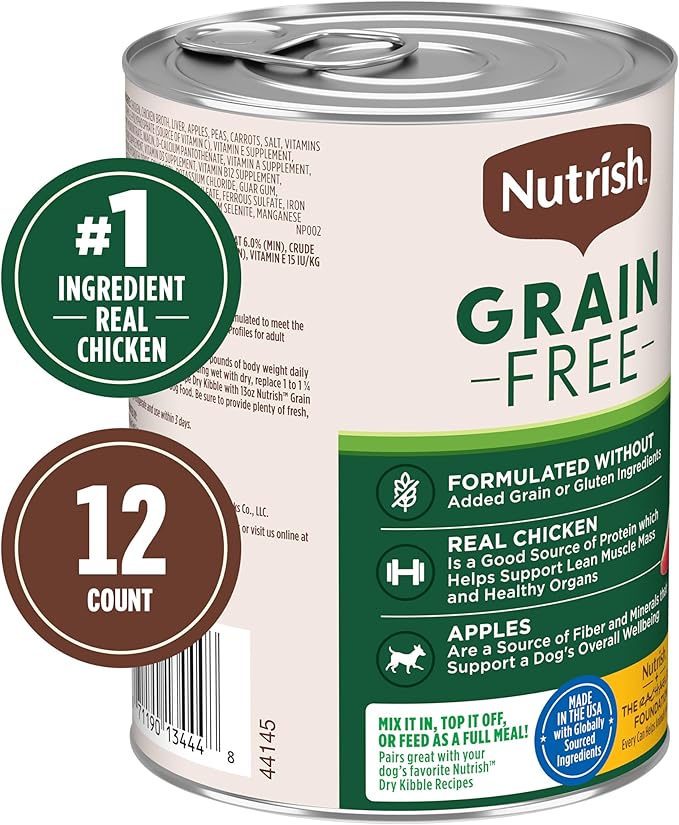 Nutrish Grain Free Real Chicken & Apple Recipe Premium Paté Wet Dog Food, 13 oz. Can, 12 Count, Packaging May Vary (Rachael Ray)