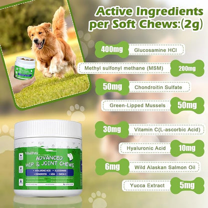 Advanced Hip and Joint Supplements for Dogs Joint Pain Relief with Glucosamine, Chondroitin, MSM, Vitamins C, 90 Soft Chews, Chicken Flavor