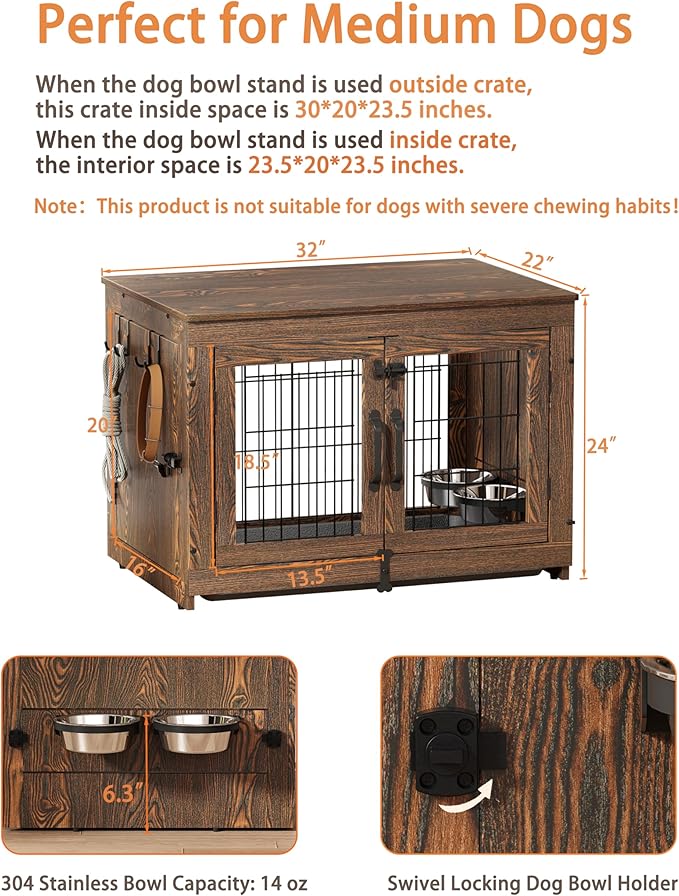 Piskyet Wooden Dog Crate Furniture with 360°Rotatable Removable Dog Bowls, Dog Crate End Table with Tray, Double Doors Dog Kennels for Dogs(M:31.8" L*22.1" W*24.1" H, Rustic Style)