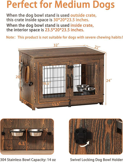 Piskyet Wooden Dog Crate Furniture with 360°Rotatable Removable Dog Bowls, Dog Crate End Table with Tray, Double Doors Dog Kennels for Dogs(M:31.8" L*22.1" W*24.1" H, Rustic Style)