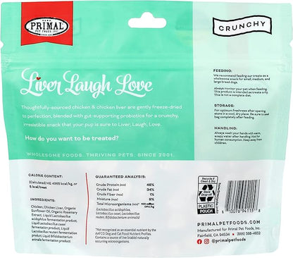 Primal Freeze Dried Dog Treats; Chicken Liver Dog Treats with Probiotics for Dogs; Liver, Laugh, Love; Crunchy Grain Free Training Treats for Dogs, 1.5 oz (Pack of 2)