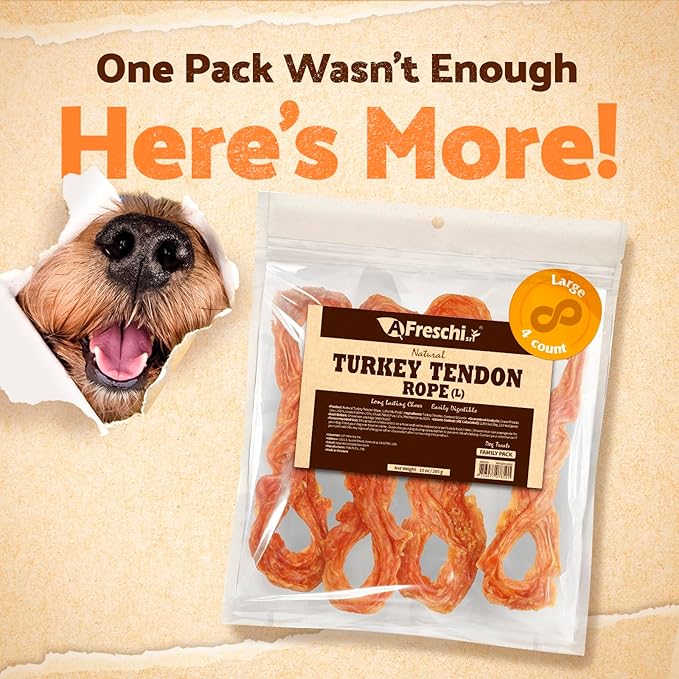 Afreschi Natural Turkey Tendon Rope (L) 10 oz, Turkey Sourced from USA, All Natural Puppy Chew, Hypoallergenic, Rawhide Alternative, for Large Breeds