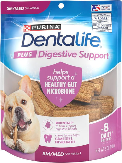 Dentalife Plus Digestive Support Dog Treats for Small and Medium Dogs 20-40 lbs., Cleans Teeth, Freshens Breath, & Supports Healthy Gut, Chicken & Pumpkin Flavor, 6 oz., 8 Chews - 6 oz. Pouch