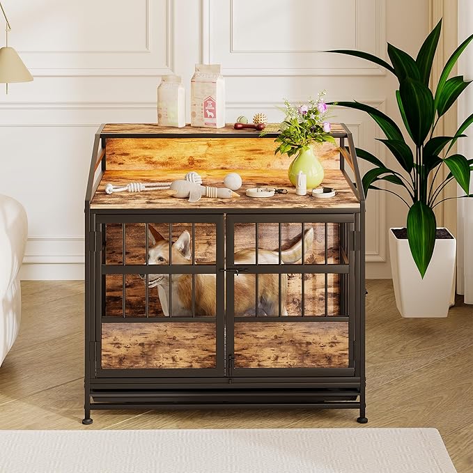 31.5 Inch Dog Crate Furniture with LED Lights and Shelf for Small Medium Dogs, Wooden Heavy Duty Dog Kennel with Double Doors and Removable Tray,Decorative Pet House Dog Cage End Table Coffee Tables