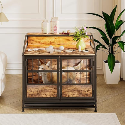 31.5 Inch Dog Crate Furniture with LED Lights and Shelf for Small Medium Dogs, Wooden Heavy Duty Dog Kennel with Double Doors and Removable Tray,Decorative Pet House Dog Cage End Table Coffee Tables