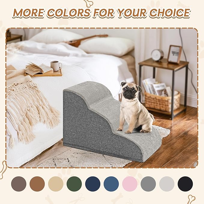 Romrol Dog Stairs Ramp for Beds Couches, Extra Wide Pet Steps with Durable Non-Slip Waterproof Fabric Cover, Pets Slope Stairs, 3-Tiers,Light-Grey
