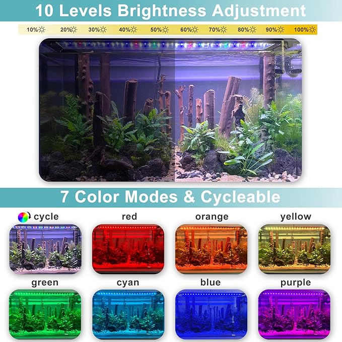 24/7 LED Aquarium Light, IP68 Waterproof Extendable Bracket Fish Tank Light with Timer, 7 Colors, 10 Level Adjustable Brightness, DIY Mode Full Spectrum Aquarium Plant Light for 36-42 Inch Fish Tank