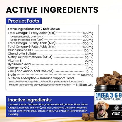 Fish Oil for Dogs – Dog Fish Oil Supplement with Salmon Oil from 8 Deep-Sea Fish, Rich in DHA & EPA for Skin & Coat Health, Allergy Relief, MSM, Plus Probiotics for Gut – 180 Soft Chews