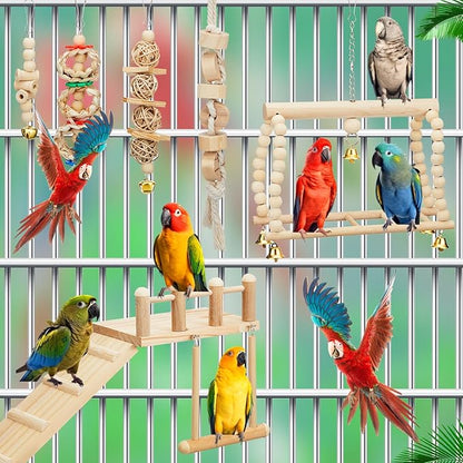 10 Pcs Parrot Swing Toys and Bird Perches Platform with Climbing Ladder Chewing Standing Hanging Parakeet Toys Bird Cage Accessories for Budgerigar Conure Cockatiel
