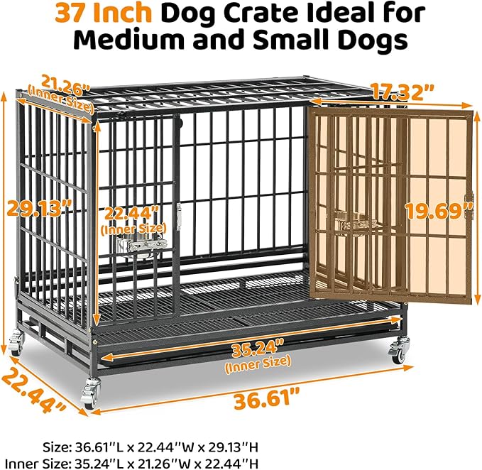 Homey Pet 37 inch Stackable Heavy Duty Dog Crate, Indestructible Escape Proof Dogs Cage Kennel with Lockable Wheels, Removable Tray & Metal Grid, Double Doors for High Anxiety Medium/Small Dogs