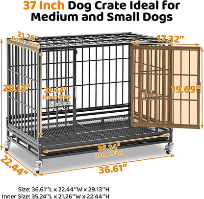Homey Pet 37 inch Stackable Heavy Duty Dog Crate, Indestructible Escape Proof Dogs Cage Kennel with Lockable Wheels, Removable Tray & Metal Grid, Double Doors for High Anxiety Medium/Small Dogs