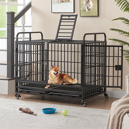 Lauren&Harold 42 Inch Heavy Duty Dog Crate Furniture for Medium/Large Dogs, Metal Dog Kennel Indoor with Top Door&Feed Door, Medium Dog Cage with Removable Tray&Wheels, Furniture Dog crates Pet House