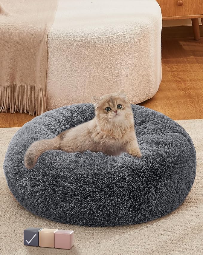 OhGeni Calming Donut Cat Beds For Indoor Cats, Machine Washable Plush Warming Bed For Kitten & Puppy, Anti-Slip Round Cuddle Comfort Pet Bed, Cozy Fluffy Fur Bed for Small Cats & Dogs, Gray, 20 inches