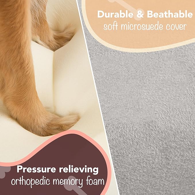 Friends Forever Small Dog Bed, Orthopedic Dog Sofa Memory Foam Mattress, Calming Dog Couch Bed, Wall Rim Pillow, Water Resistant Liner, Washable Cover, Non-Slip Bottom, Chester, Small Grey
