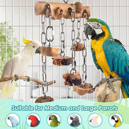 Bird Toys for Parrots, Durable Wooden Large Parrot Toy with Stainless Steel, Hanging Natural Chew Hardwood Blocks for Macaws, African Greys, Amazon Parrots, Cockatoos and Small Medium Parakeets