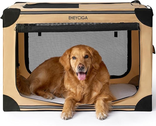 EHEYCIGA Collapsible Dog Crate 36 Inches, Portable Travel Crate for Large Dogs, Soft Foldable Pet Kennel with 4-Door Mesh Windows Indoor & Outdoor, Beige