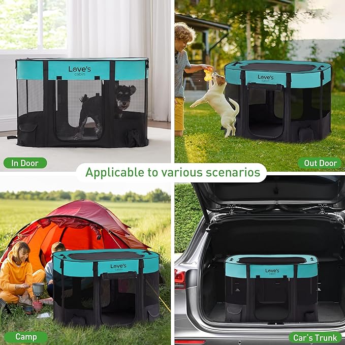 Love's cabin Pet Puppy Dog Playpen, Large Dog Tent Crates Cage Indoor/Outdoor, Portable Exercise Playpen for Dog and Cat, Foldable Pop Up Dog Kennel Playpen with Carring Case (L, Green)