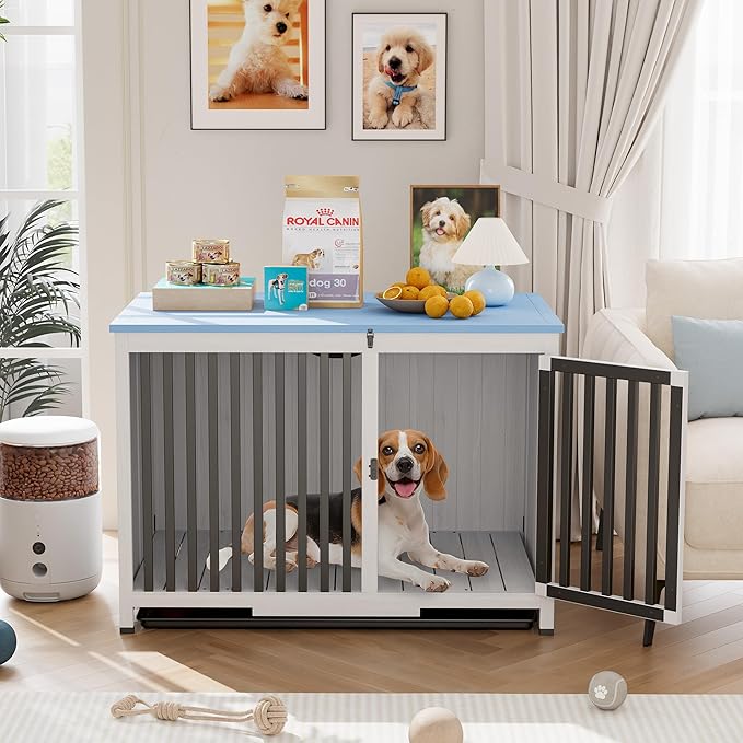 39.5in Furniture Dog Crate, Large/Medium Dog Crate End Table, Solid Wood Portable Foldable Indoor, No Assembly Needed (White and Blue)