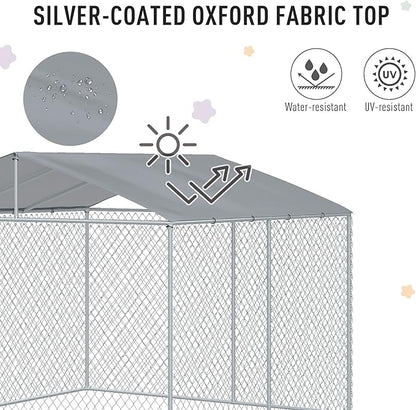 PawHut Large Dog Kennel Outside, Heavy Duty Dog Cage with Waterproof Cover, Outdoor Fence Dog Run with Galvanized Chain Link, Secure Lock, 9.8' x 9.8' x 7.7'